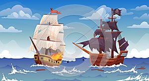 Ships battle. Sea vessels war, old pirate brigantine ship cannon shooting to frigate or galleon cartoon boat shipwreck