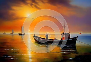 ships, boat, Fisherman, sea landscape, oil paintings