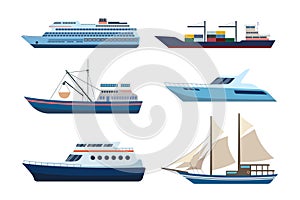 Ships And Boat Vector Flat Illustration Variation Set