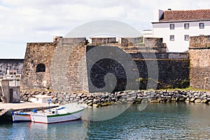 Ships, boats and boats in the port of Ponta Delgada in the area of the old Portuguese fort of St. Blasius. Island of San Miguel