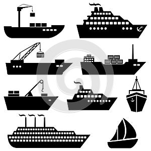 Ships, boats, cargo, logistics and shipping icons