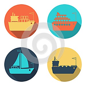 Ships, boats, cargo, logistics, transportation and shipping flat icons