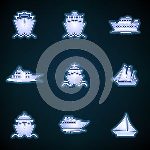 Ships, boats, cargo, logistics, transportation and shipping icons. Modern Neon Thin Icon of ship on Blue Background. Glowing sign