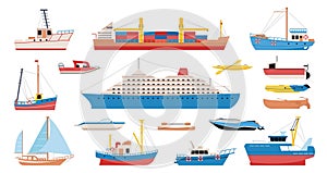 Ships and boats cartoon design. Yachts, cargo and sea ship. Cruise ocean liner, nautical transportation and adventures