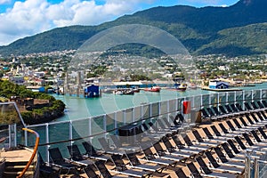 Ships, boats, containers, Puerto Plata harbor, port and cityscape of the industrial zone, Dominican Republic