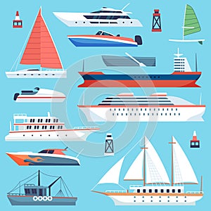 Ships boats flat. Maritime transport, ocean cruise liner ship, yacht with sail. Large vessels cargo barge flat vector