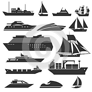 Ships and boats icons. Barge, cruise ship, shipping fishing boat vector signs