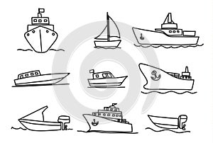 Ships and boats icons hand drawn vector set art illustration
