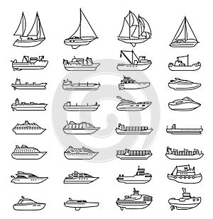 Ships and boats set. Barge and cargo ship, tanker, sailing vessel, cruise liner, tugboat, fishing and speed boat