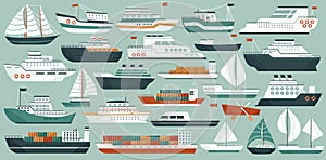 Ships and boats set, cruise passenger and military ship, fishing sailboat and yacht