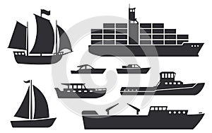 Ships and boats. Set of vector icons: sailboat, yacht, container ship, passenger and cargo ships. Shipping, transport and nautical