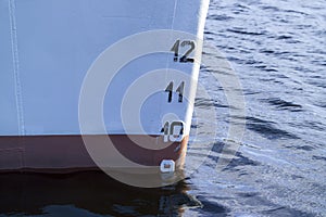 Ships bow showing the plimsoll depth gauge