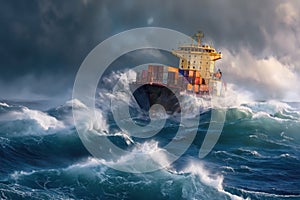 Ships carrying containers float on ocean surface during strong wind accompanied storm with splashing waves