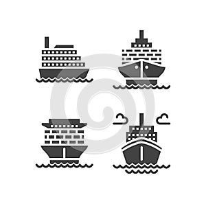 Ships flat glyph icons. Cargo shipping tanker, sea trip , marine transportation vector illustrations. Solid silhouette