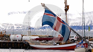 Ships harbor Iceland flag