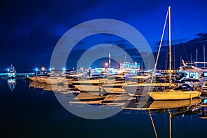 Ships in the harbor in the summer night. Black Sea, Sochi, Europe
