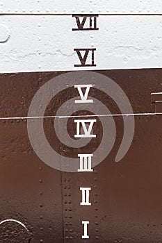 Ships Hull markings written in roman numerals used for gauging the depth of water