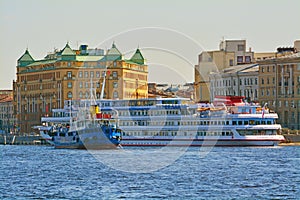 Ships on Makarov embankment in St. Petersburg, Russia