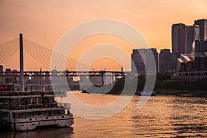 Ships moored in Chongqing town dock at dusk