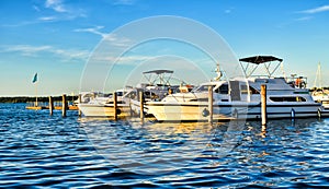 Ships moored at Fleesen Lake jetty in GÃ¶hren-Lebbin Germany