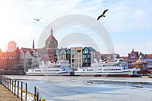 Ships in the Motlawa and the domes of the churches, Gdansk, Poland