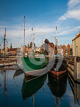 Ships on Motlawa river in Gdansk, Poland