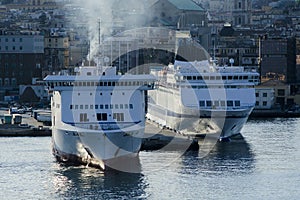 Ships in Naples port at sunset