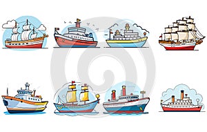 ships in the ocean with a seagull vector, ships water transport vector illustration