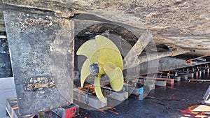 Ships propeller viewed from drydock