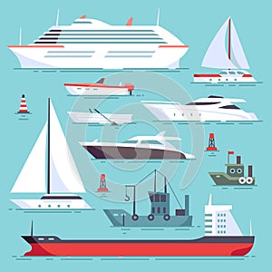 Ships at sea, shipping boats, ocean transport vector icons set