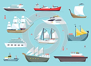 Ships at sea, shipping boats, ocean transport vector icons set