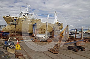 Ships and shore of the bay in Reykjavik