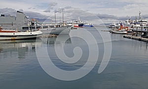 Ships and shore of the bay in Reykjavik