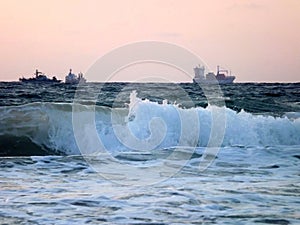 Ships and storm in the port of Ashdod. Israel.