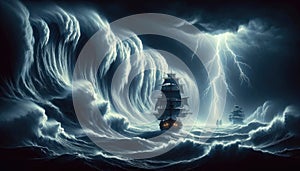 Ships in Stormy Sea with Lightning