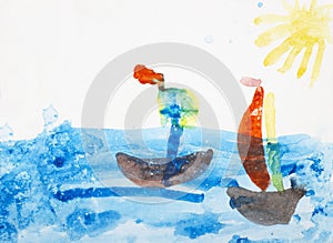 Ships in the sunny sea. Real drawing of a small child. Drawing by watercolor.