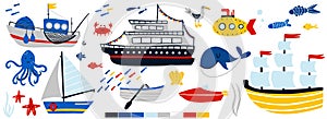 Ships and underwater animals set. Cartoon hand drawn sail childish collection. Yacht, sailboat and submarine, fish and octopus,