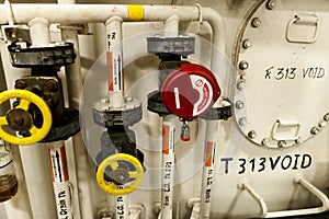 Ships valves, main engine - engineering interior.