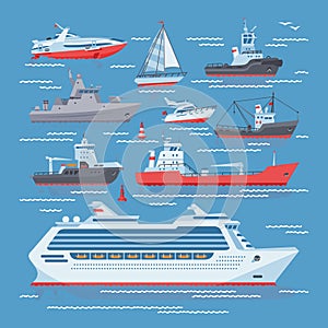 Ships vector boats or cruise travelling in ocean or sea and shipping transportation illustration marine set of nautical