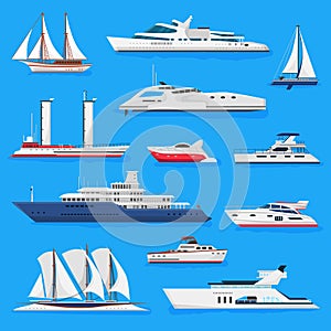 Ships vector boats or cruise travelling in ocean or sea and shipping transportation illustration marine set of nautical