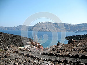 Ships on volcano island