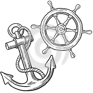 Ships wheel and anchor drawing