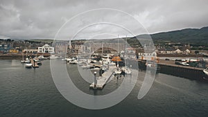 Ships, yachts at sea bay aerial. Cityscape with ancient architecture landmark at ocean pier town