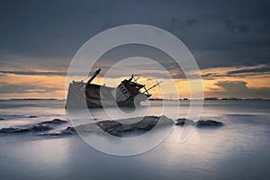 Shipwreck in Angsila Chonburi with sunset