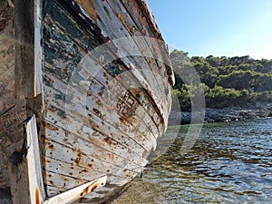 shipwreck on the beach of agalypa of skyros in greece pine trees clear transparent water in the sea