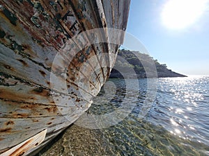 shipwreck on the beach of agalypa of skyros in greece pine trees clear transparent water in the sea