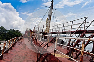 Shipwreck on Black sea coast. Ship brought ashore