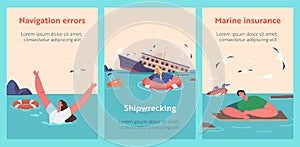 Shipwreck Cartoon Banners. Shocked People Try to Survive in Ocean with Sinking Ship and Scatter Floating Debris