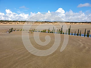 Shipwreck on the Cefn Sands beach at Pembrey Country Park in Carmarthenshire South Wales