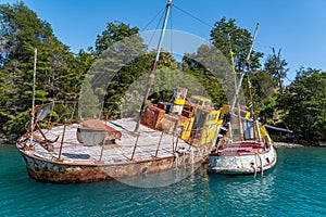 Shipwreck in the General Carrera Lake in Chile, Patagonia, South America photo